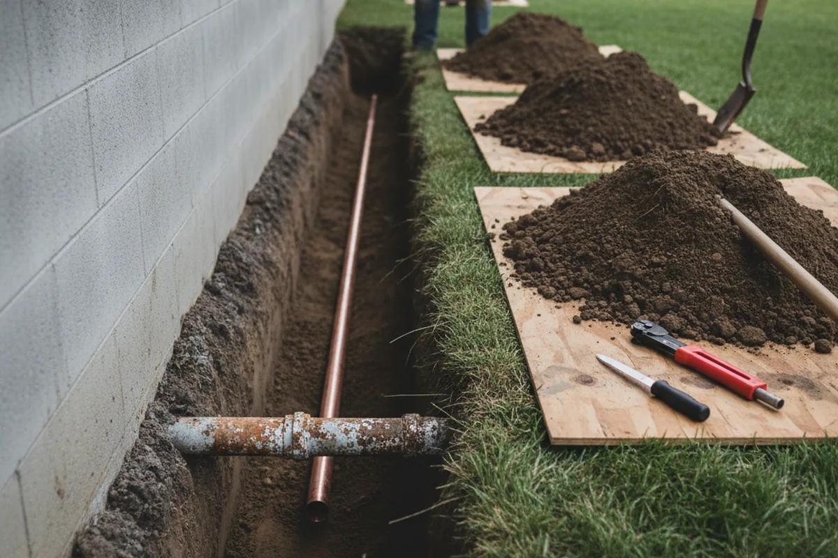 Excavated water line trench during Sewer Line Repair in Lovely